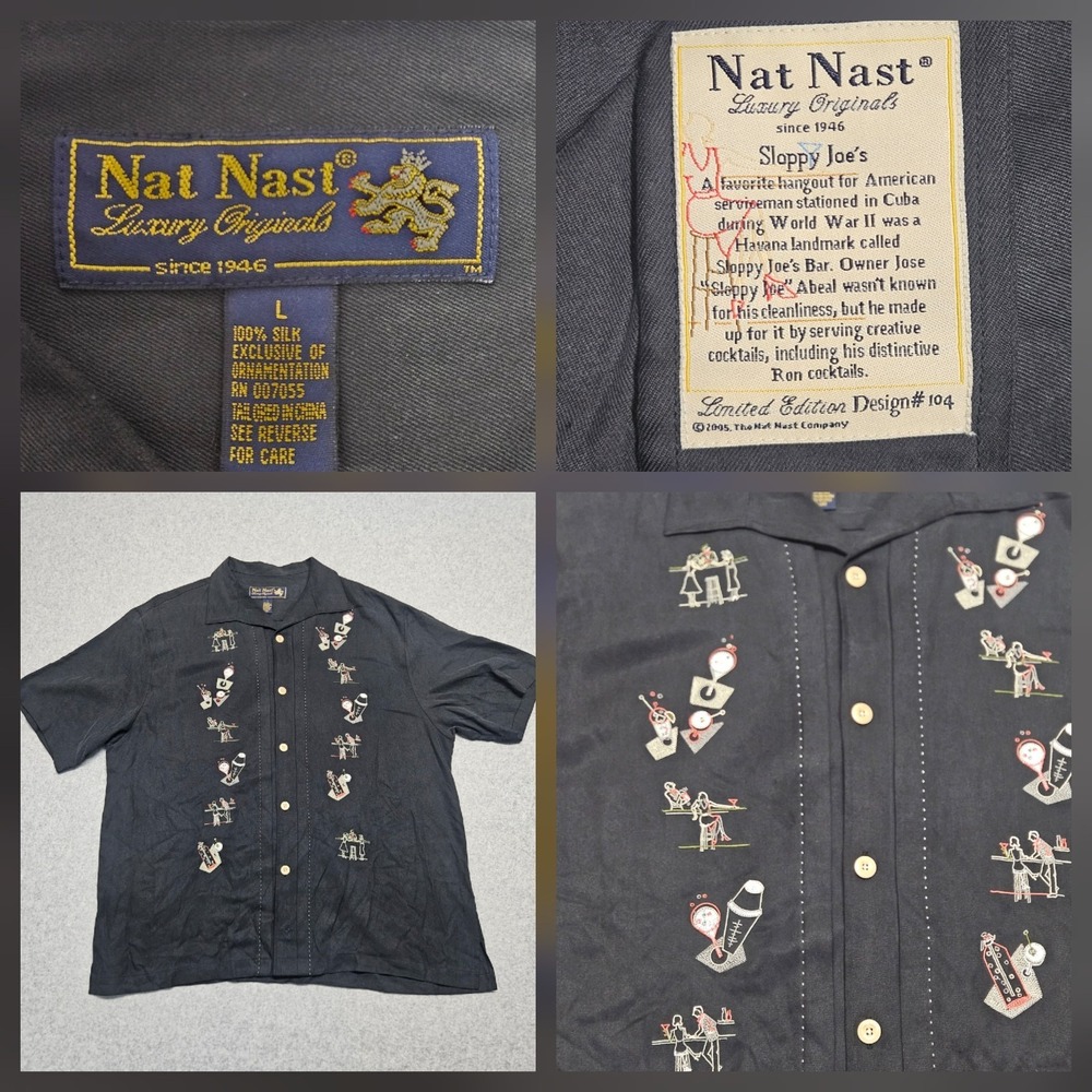 Nat Nast Ltd Ed Luxury Originals Sloppy Joe's  Silk Shirt L Design #104